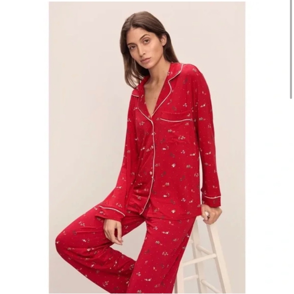 New Eberjey Gisele Printed Long PJ Set in Winter Wonderland Haute Red Size XXL